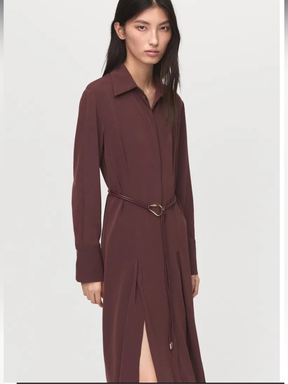New MNG Mango Sz 6 Burgundy Long Sleeve Maxi High Slit Shirt Collared Dress!!